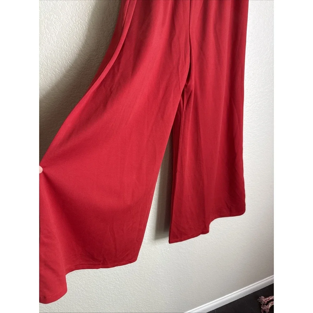 Womens XS Red Knit Wide‎ Flare Leg Pants Embroidered Hem Pocket Asian Style Boho